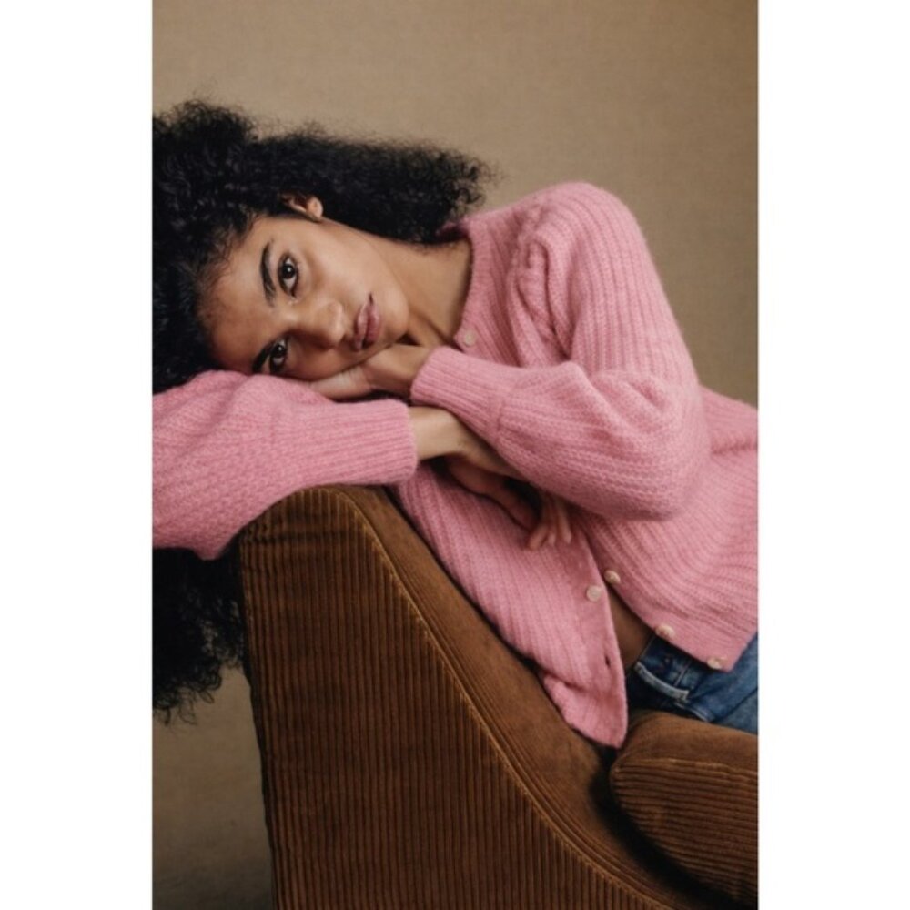 J. Crew | Wool Alpaca Baby Pink Puff Sleeve Cardigan Sweater ~ Large - Picture 2 of 11
